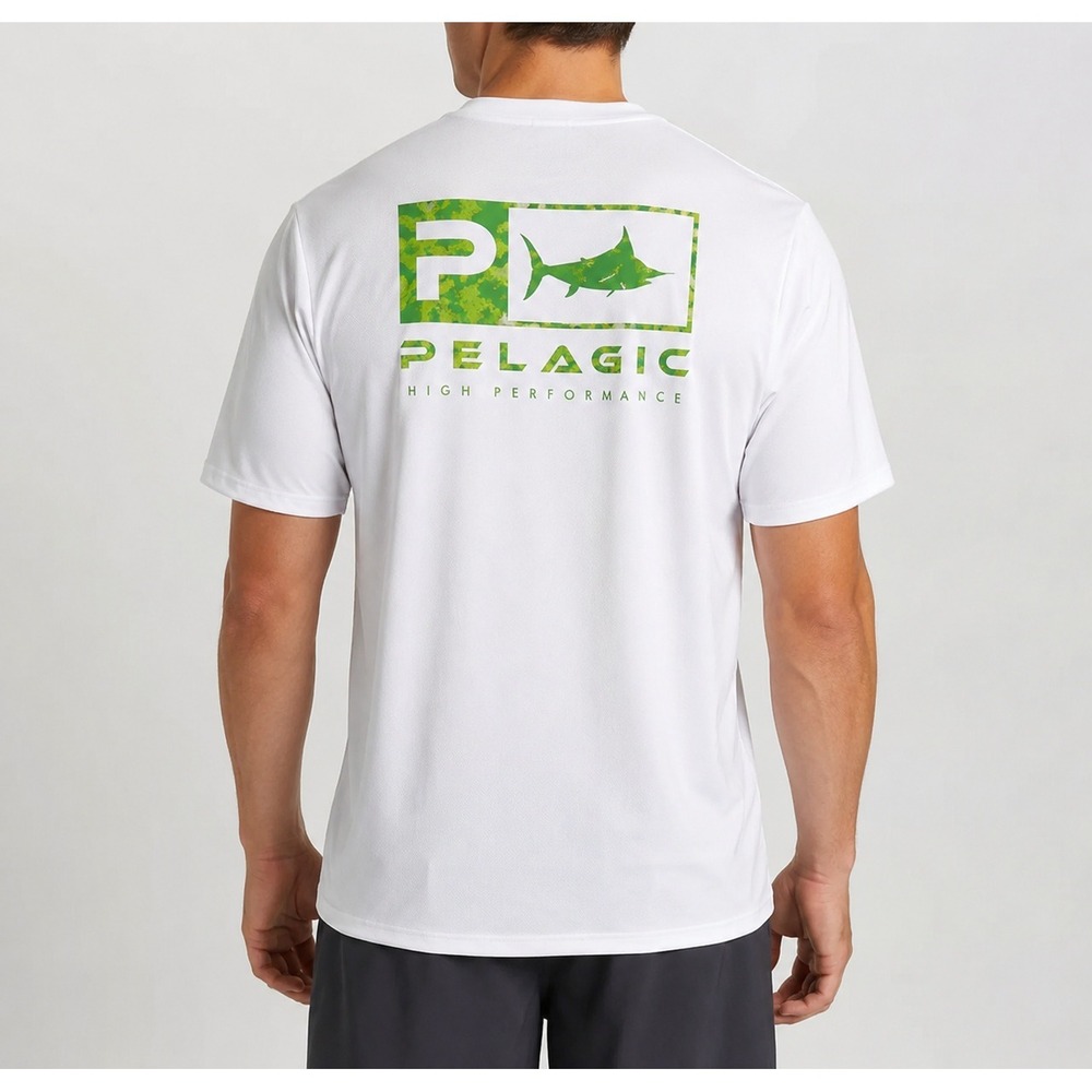 Pelagic‎ PFG Performance Fishing Shirt Small White Short Sleeve Marlin Logo UV